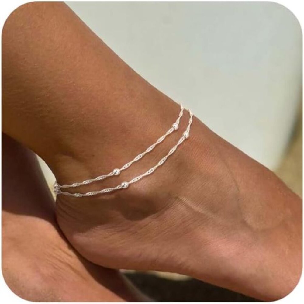 Sterling Silver Ankle Bracelets for Women: Dainty Layered Waterproof Anklet for
